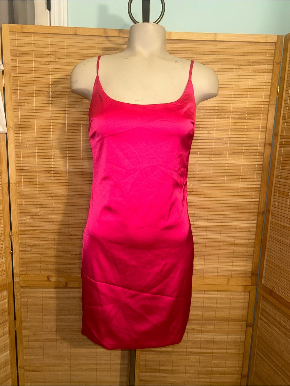Windsor vibrant hot pink satin mini dress scoop neckline spaghetti straps small